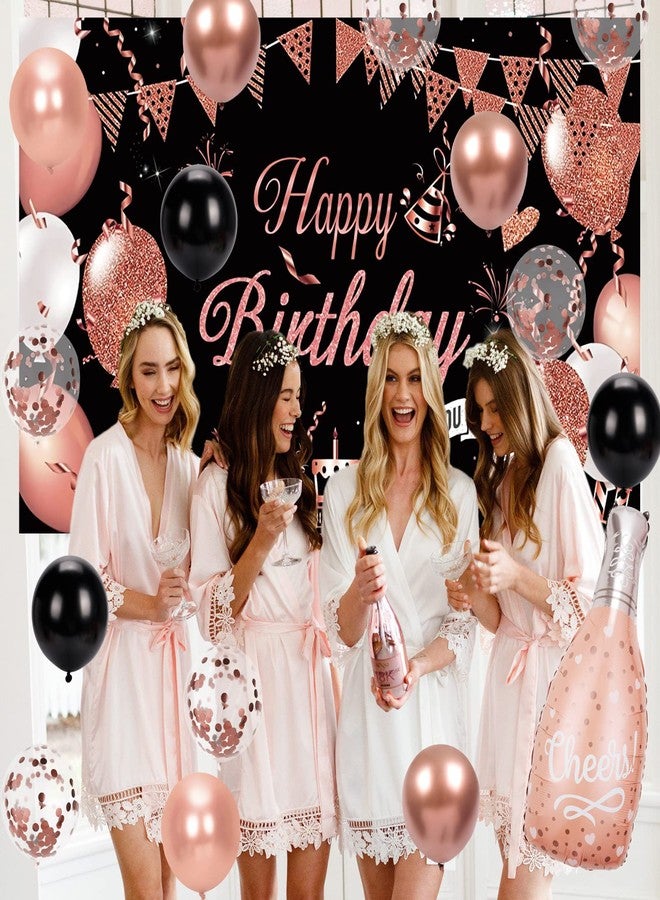 Winrayk Rose Gold and Black Happy Birthday Decorations for Women, Rose Gold Black Balloons Arch & Backdrop Tablecloth Foil Balloons, Women 20th 30th 40th 50th Birthday Party Decorations - Image 3